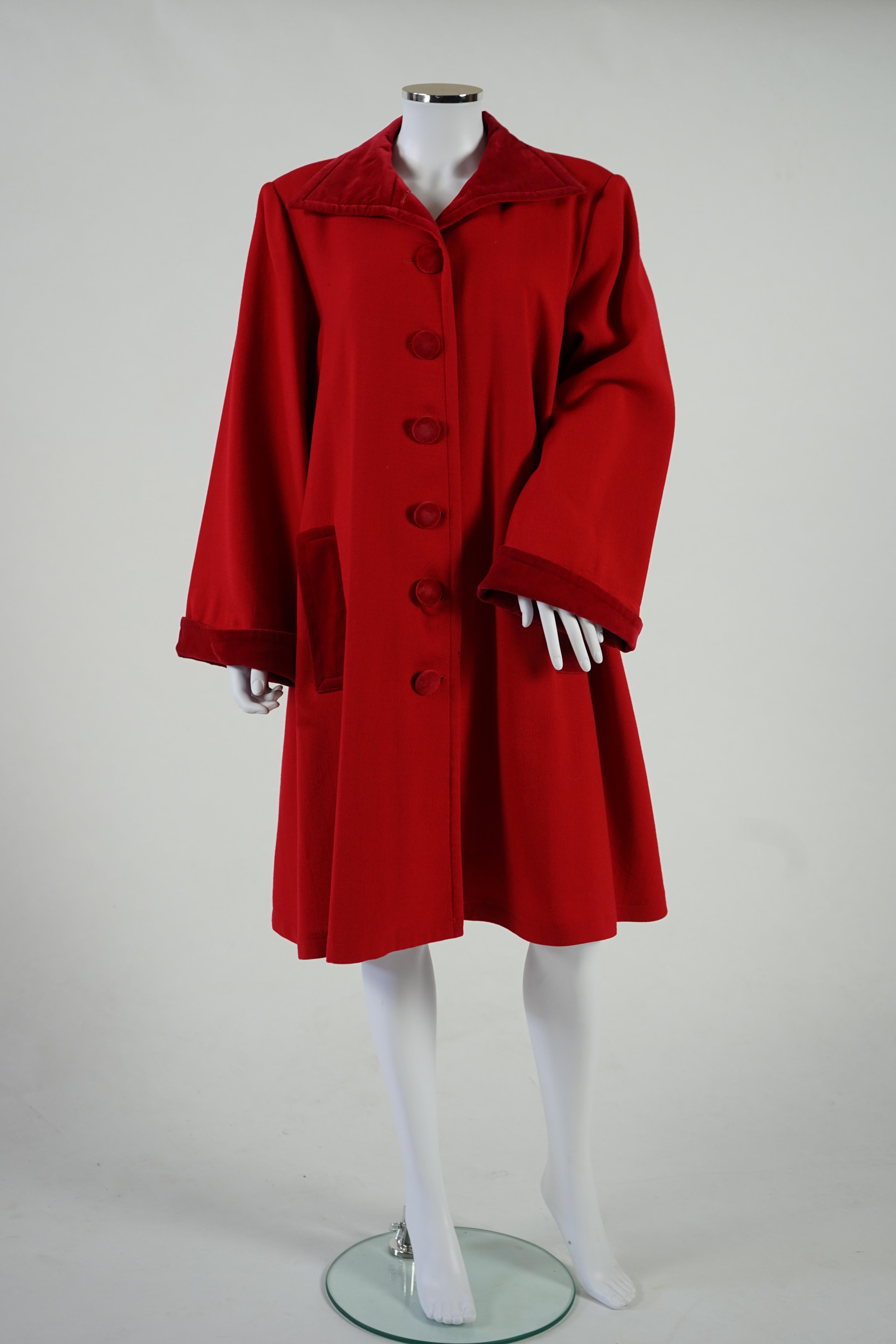 A vintage Yves Saint Laurent variation lady's red wool coat with velvet trim, F 40 (UK 12). Proceeds to Happy Paws Puppy Rescue